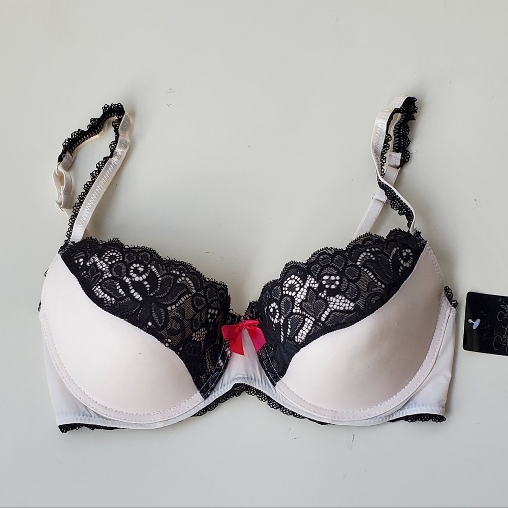 NEW Rene Rofe Lace Bra ivory black lace hot pink bow